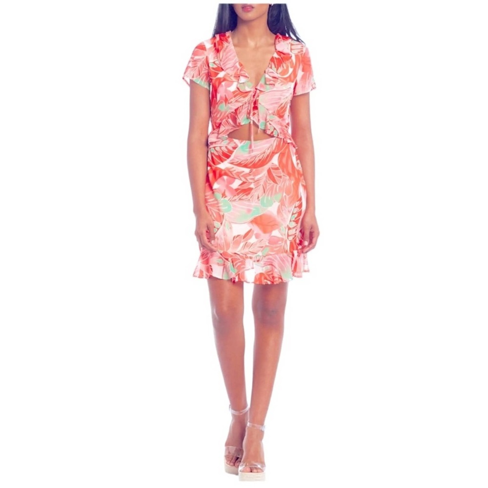 GB Gianni Bini Tropical Flounce Short Sleeve Tie Front Mini Dress